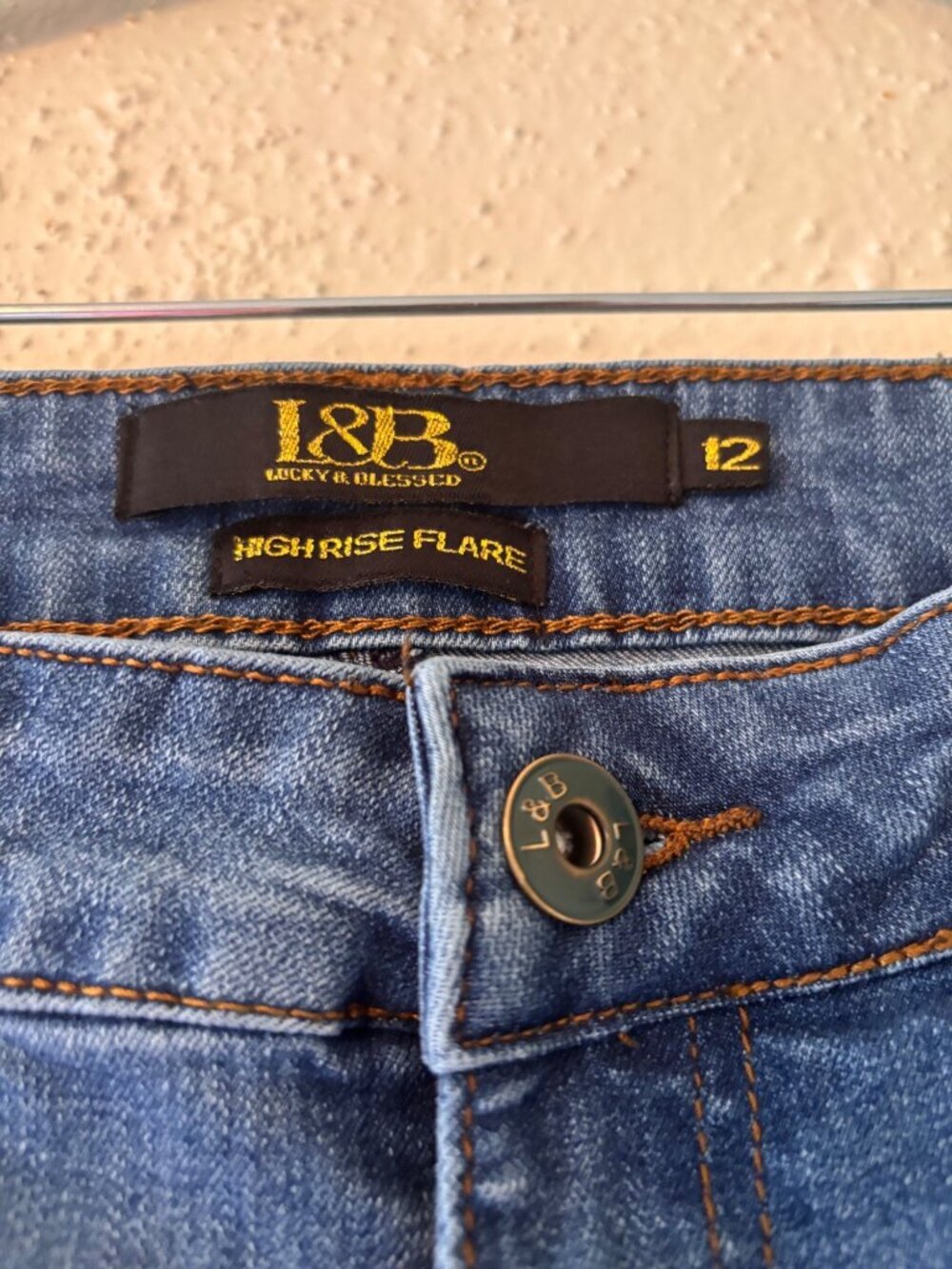 Lucky & Blessed High Rise Flare Denim Jeans With Frayed Hem - Size 12 - Picture 4 of 10